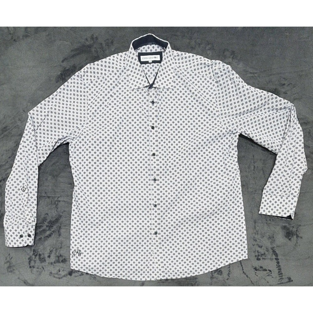 John Lennon Signature Collection Blue Pinstripe Floral Geo Print Button Up Shirt